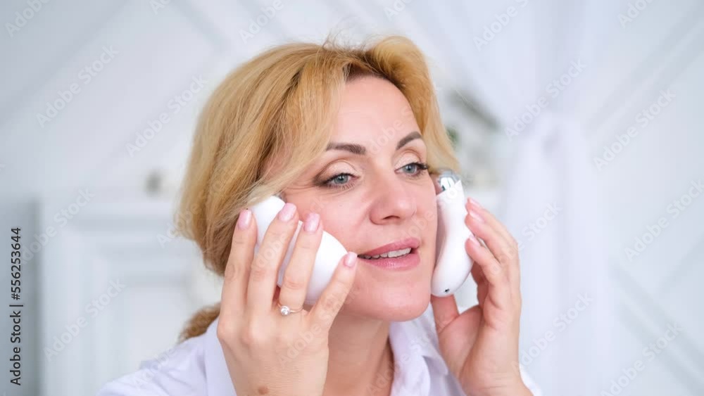Mature blonde Caucasian woman with a natural make-up and healthy fresh glowing skin using the electric facial massager. Home skin care concept. Slow motion horizontal video Mature blonde Caucasian woman with a natural make-up and healthy fresh glowing skin using the electric facial massager. Home skin care concept. Slow motion horizontal video