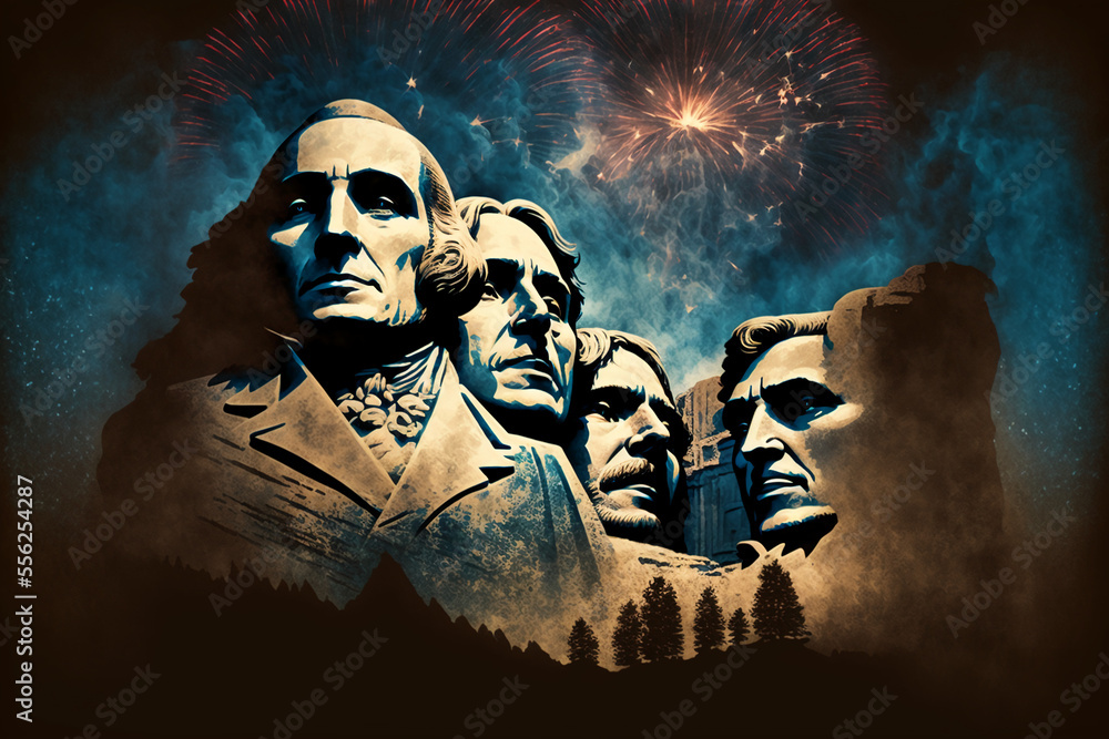 Happy 4th of July with the Mount Rushmore. Fireworks. Generative AI. Stock Illustration Adobe