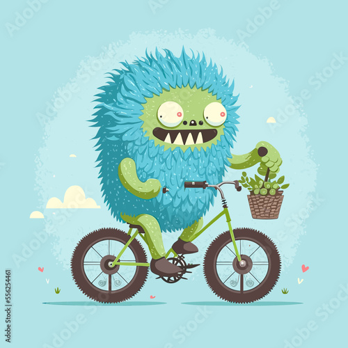 A cute monster is riding a bike