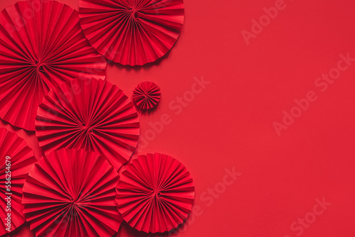 Chinese New Year 2023 .Decor pattern fan on red background. Red paper fans .Lunar New Year banner template. Lunar New Year chinese banner chinese new year background