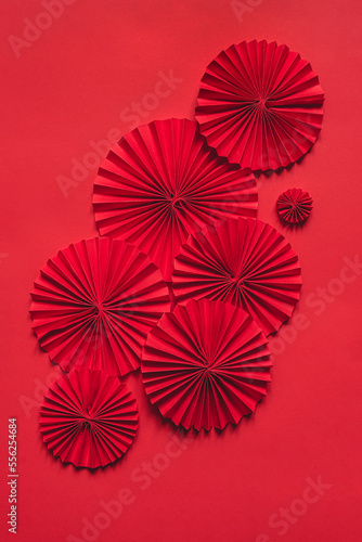 Chinese New Year 2023 .Decor pattern fan on red background. Red paper fans .Lunar New Year banner template. Lunar New Year chinese banner chinese new year background