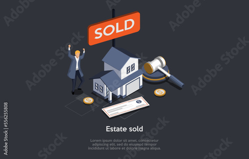 Concept Of Real Estate Buy And Sell. Happy Customer Is Jumping For Joy From Buying a House. Realtor Sold Property And Made A Profit Deal. Real Estate Agency Service. Isometric 3D Vector Illustration