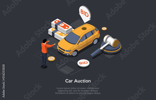 Car Auction and Bidding Concept. Online Auction Bids Scene With Auctioneer Making Sales Announcements And People Offering Prices Of Luxury Car At Dealership. Isometric 3d Cartoon Vector Illustration