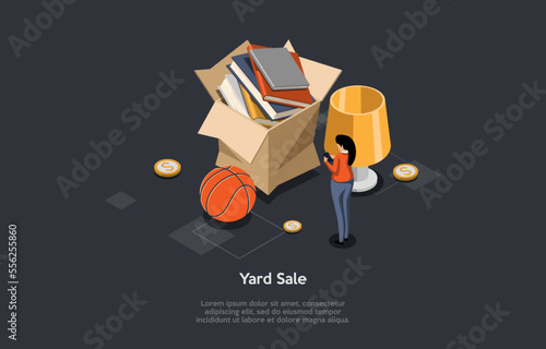 Concept Of Garage And Yard Sale With Furniture, Vintage Literature. Woman Buy Vintage Things From Sale At Backyard. People Sale Old Books, Ball, Table Lamp Isometric 3d Cartoon Vector Illustration