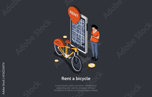 Healthy Lifestyle Outdoor, Bike Rent Concept. Boy Take City Tour. Man Rent Bicycle Using Smartphone. Convenient Mobile Application With Navi And Location Tag. Isometric 3d Cartoon Vector Illustration