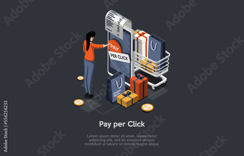 Online Shopping Store With Shopping Bag, Chat Message, Mobile Marketing, Pay Per Click and E-commerce Concept. Woman Buying Goods Using Application On Smartphone. Isometric 3d Vector Illustration