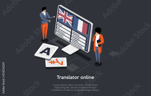 Multilingual Translator App, Characters Learn Foreign Language Online. People Using Mobile Application For Translation Other Languages, International Communication. Isometric 3d Vector Illustration