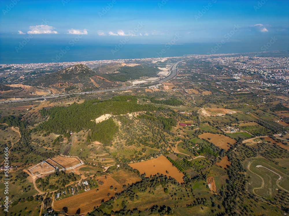 Aerial drone photo of Guzelbahce village in Izmir Turkey.