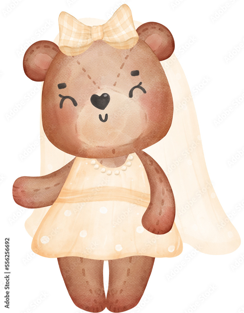 Cute sweet wedding bride teddy bear lady cartoon character watercolour Cute sweet wedding bride teddy bear lady cartoon character watercolour