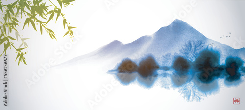 Landscape with misty island reflecting in water and green bamboo tree. Traditional oriental ink painting sumi-e, u-sin, go-hua. Translation of hieroglyph - zen