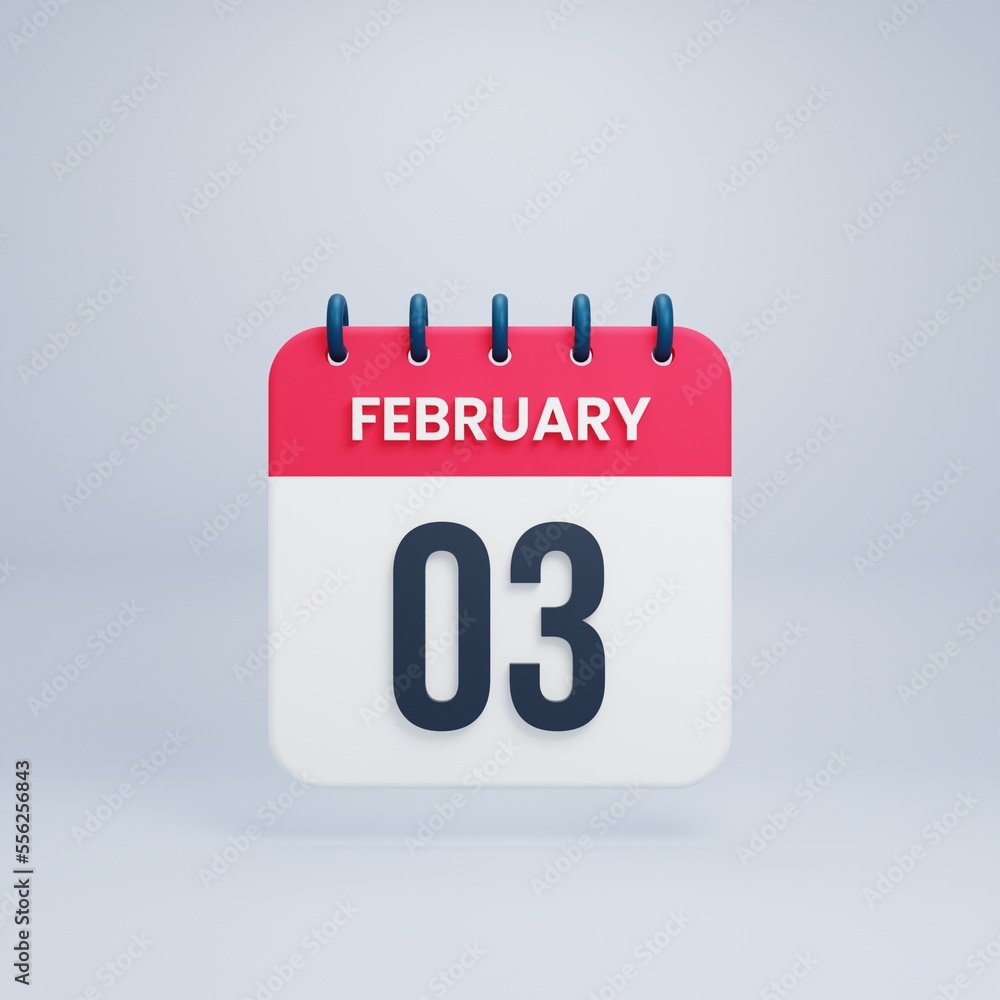 February Realistic Calendar Icon 3D Illustration Date February 03 February Realistic Calendar Icon 3D Illustration Date February 03