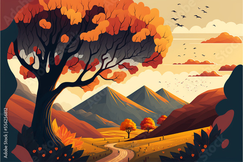 Fall background with trees and leaves in the countryside. Generative AI.