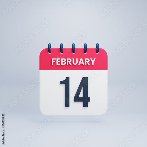 Schilderij op canvas February Realistic Calendar Icon 3D Illustration Date February 14