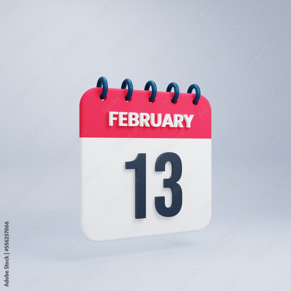 February Realistic Calendar Icon 3D Illustration Date February 13 February Realistic Calendar Icon 3D Illustration Date February 13