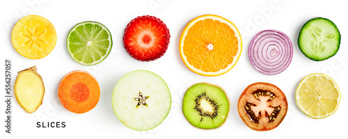 Fruit and vegetable slice collection on white background. photo