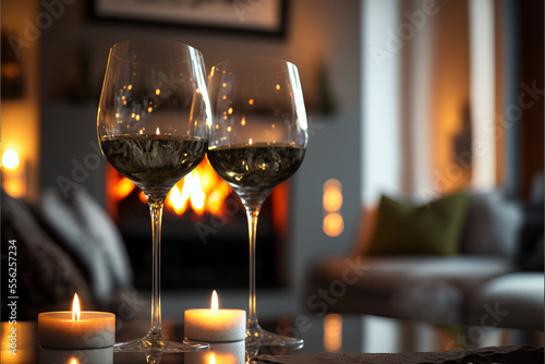 two glasses of wine with fireplace  Generative Ai