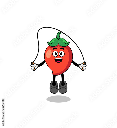 chili pepper mascot cartoon is playing skipping rope