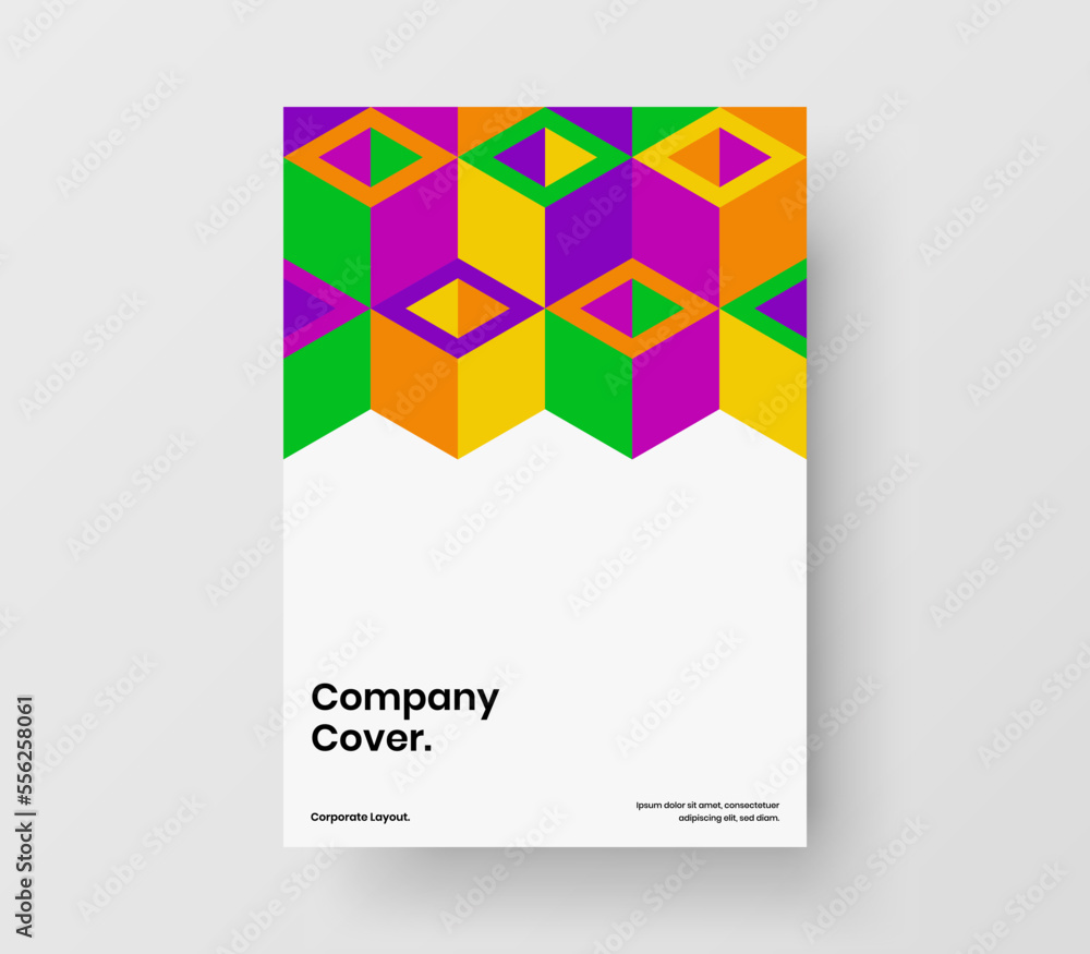 Colorful geometric pattern annual report layout. Isolated presentation A4 vector design concept.