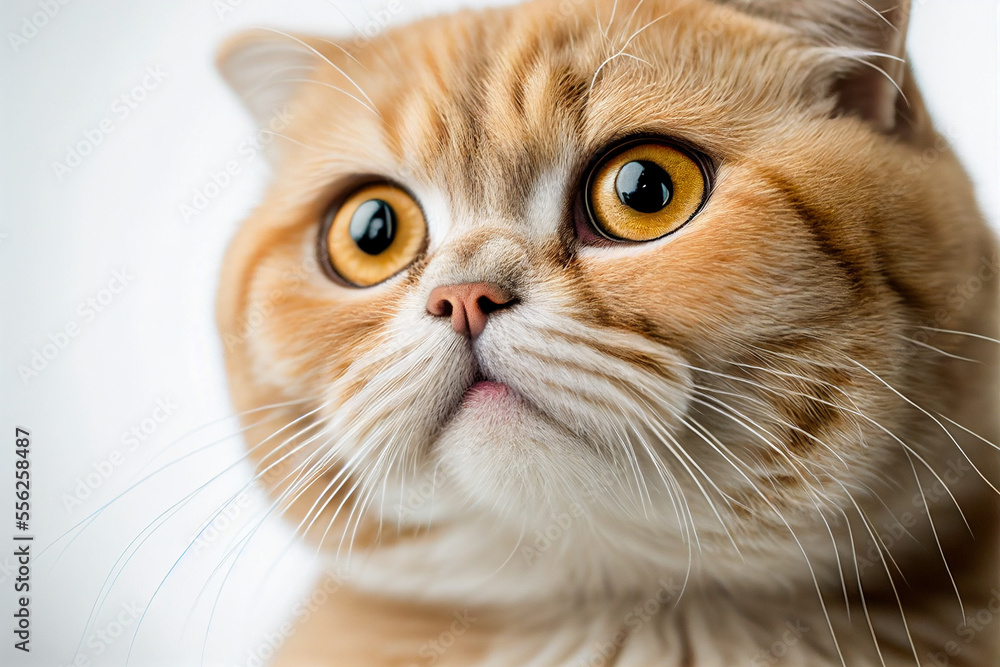 Close up photo of a beautiful furry cute orange crossbreed Scottish Fold cat looking to camera on white background, studio photography.