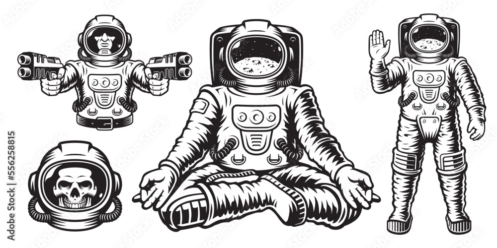 Astronaut vector graphics set with isolated elements on white background such as skeleton astronaut with guns, skull astronaut, lotus position astronaut and astronaut