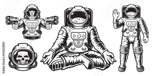 Astronaut vector graphics set with isolated elements on white background such as skeleton astronaut with guns, skull astronaut, lotus position astronaut and astronaut