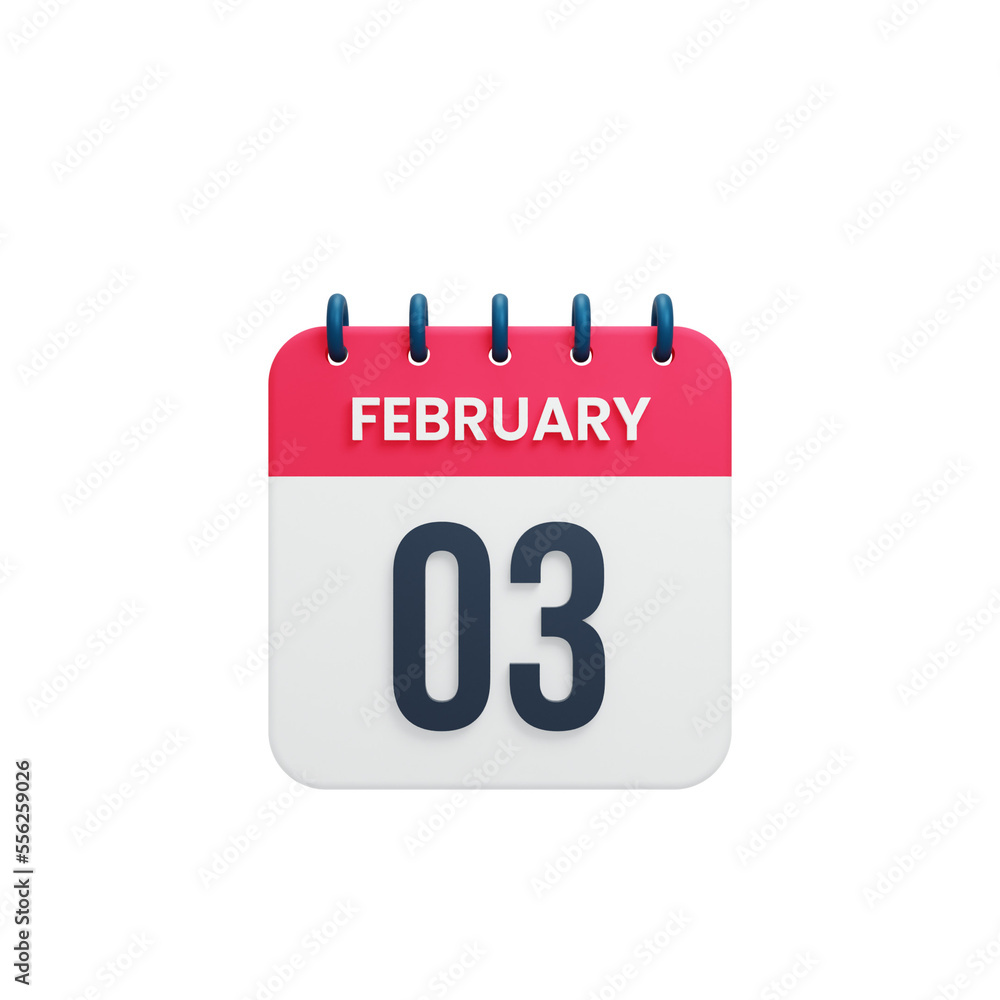 February Realistic Calendar Icon 3D Illustration Date February 03 February Realistic Calendar Icon 3D Illustration Date February 03