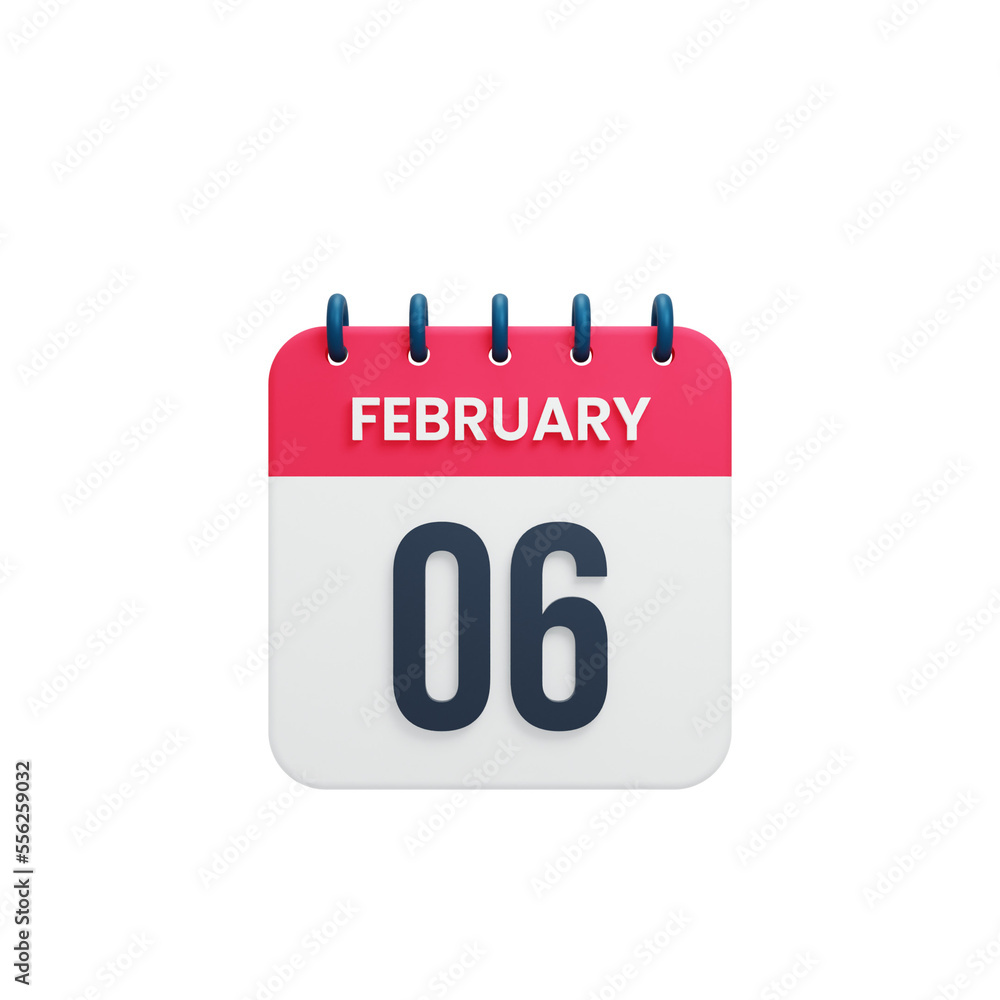 February Realistic Calendar Icon 3D Illustration Date February 06 February Realistic Calendar Icon 3D Illustration Date February 06