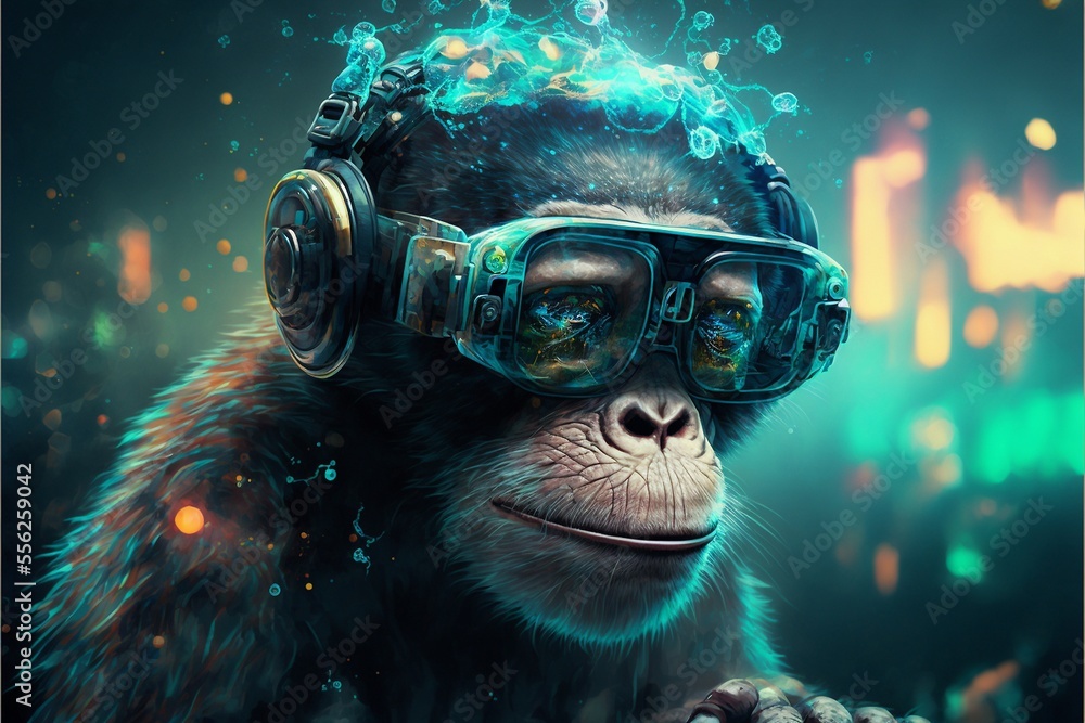 Kleiner Affe mit VR Brille Technologie in einem Raum, ai generativ Kleiner Affe mit VR Brille Technologie in einem Raum, ai generativ