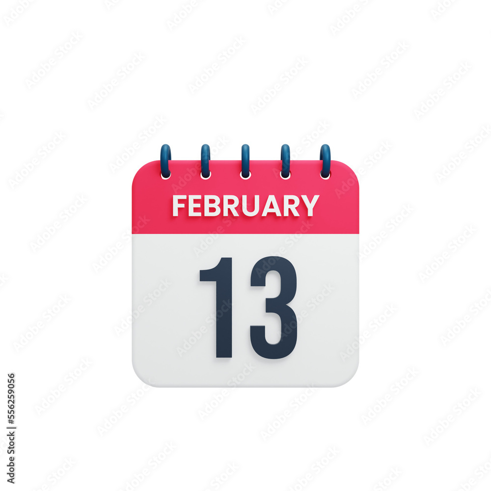 February Realistic Calendar Icon 3D Illustration Date February 13 February Realistic Calendar Icon 3D Illustration Date February 13