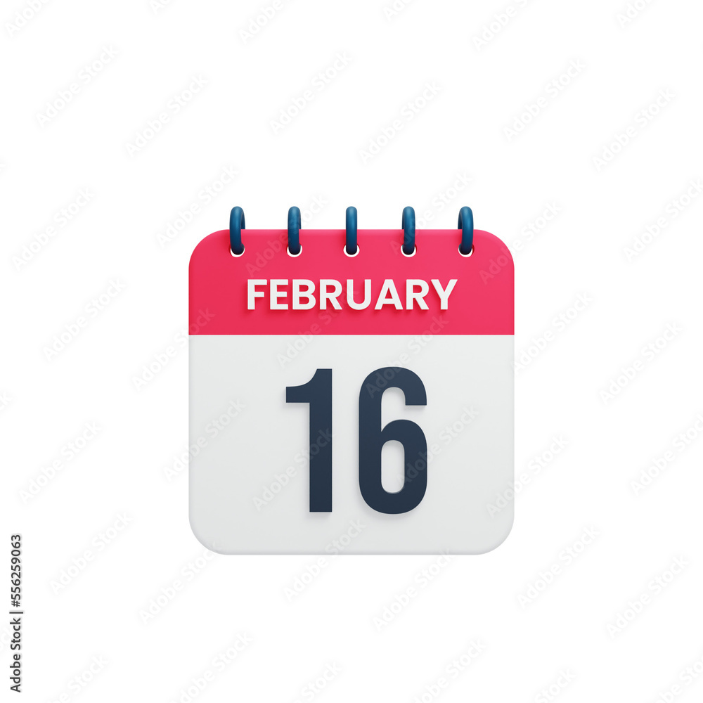 February Realistic Calendar Icon 3D Illustration Date February 16 February Realistic Calendar Icon 3D Illustration Date February 16