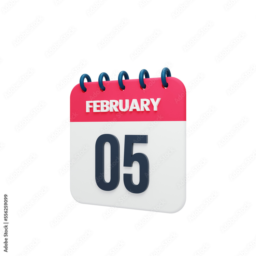February Realistic Calendar Icon 3D Illustration Date February 05 February Realistic Calendar Icon 3D Illustration Date February 05