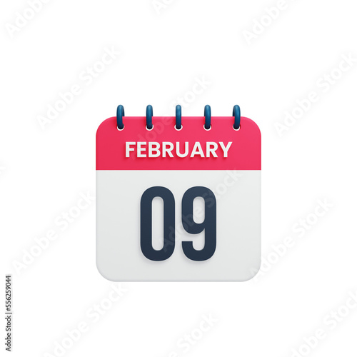 February Realistic Calendar Icon 3D Illustration Date February 09