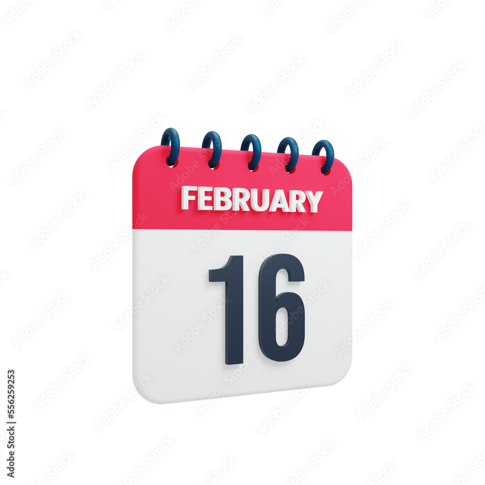 February Realistic Calendar Icon 3D Illustration Date February 16 February Realistic Calendar Icon 3D Illustration Date February 16