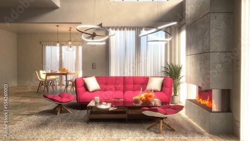 Modern interior of living room 3d rendering