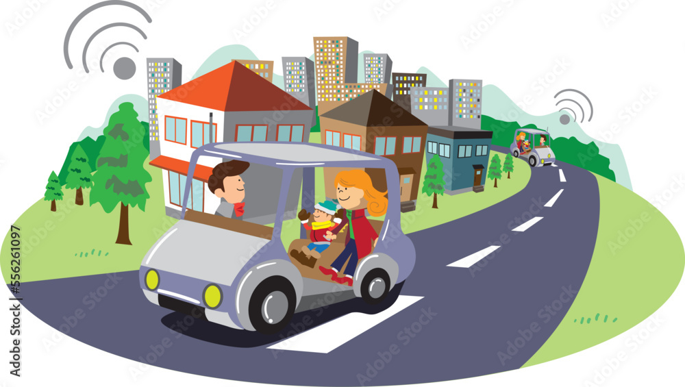 Fototapeta premium 自動運転車が走る緑豊かな都市近郊のまちのイラスト