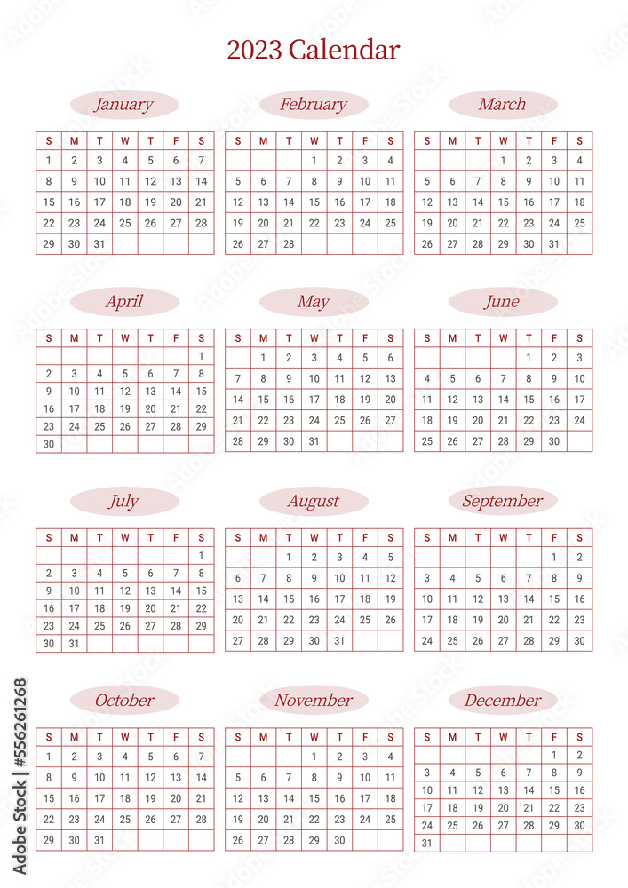This is a simple, minimalist style annual planner with a year 12 month calendar for 2023. Note, scheduler, diary, calendar planner document template illustration. This is a simple, minimalist style annual planner with a year 12 month calendar for 2023. Note, scheduler, diary, calendar planner document template illustration.