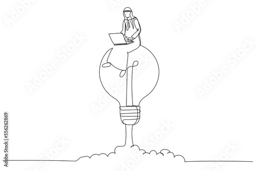 Cartoon of arab businessman working on a soaring light bulb rocket. Working with creativity. One line art style