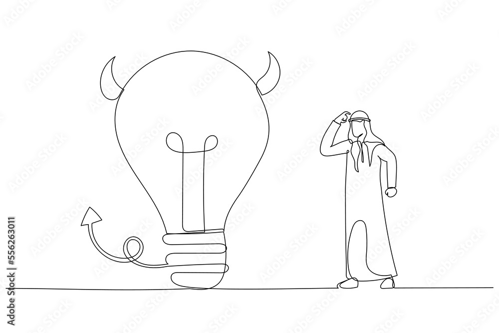 Drawing of arab businessman looking at devil lightbulb doubting it bad idea. Stupid mistake or poor idea. Single continuous line art style Drawing of arab businessman looking at devil lightbulb doubting it bad idea. Stupid mistake or poor idea. Single continuous line art style