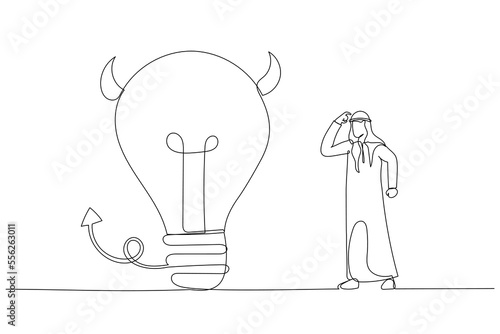 Drawing of arab businessman looking at devil lightbulb doubting it bad idea. Stupid mistake or poor idea. Single continuous line art style