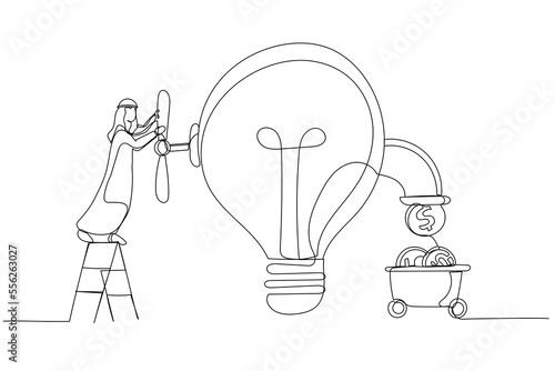Cartoon of arab businessman open lightbulb idea faucet to earn money coins. Idea to make money. One line art style