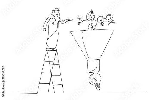 Illustration of arab businessman help put small lightbulb in funnel to get final idea. Idea funnel. Single line art style
