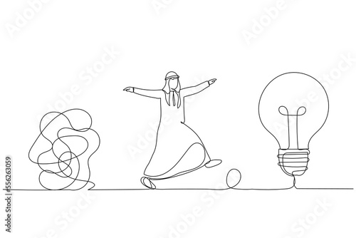 Drawing of smart arab businessman walking away from mess chaos line to simple lightbulb idea. Simplify idea. Continuous line art style