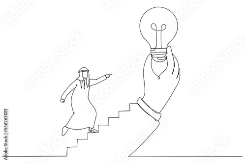 Illustration of arab businessman step on stair of big hand holding inspiring bright lightbulb. Inspiration idea. Single line art style