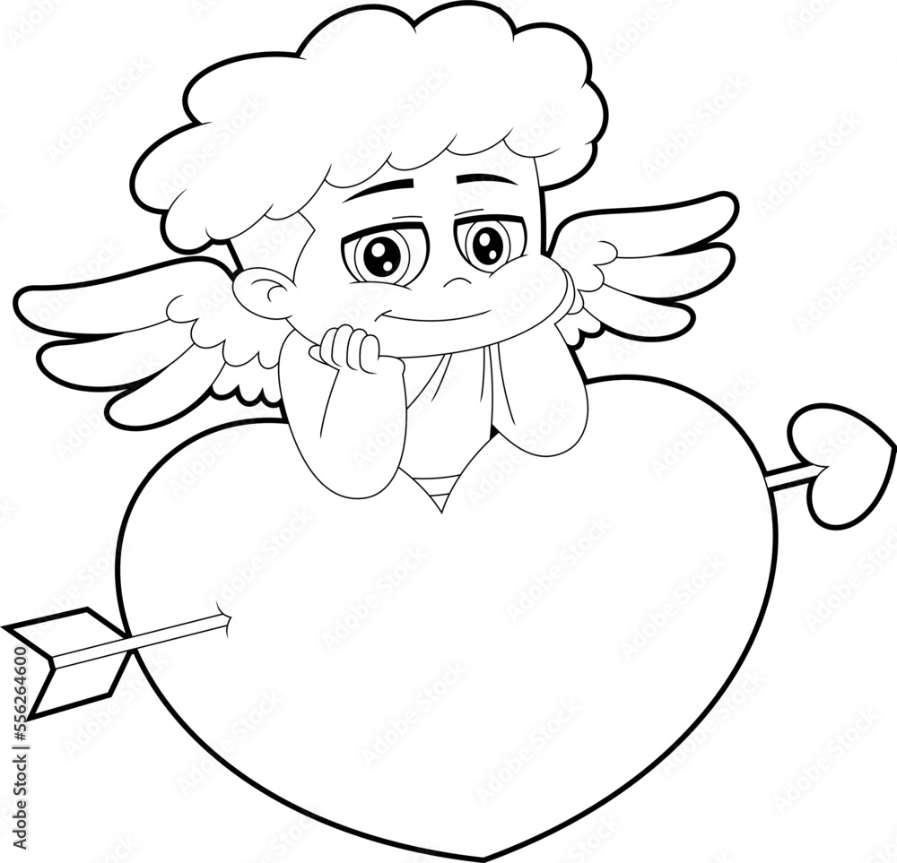 Outlined Chibi Cupid Baby Cartoon Character Leaning On Heart. Vector Hand Drawn Illustration Isolated On Transparent Background
