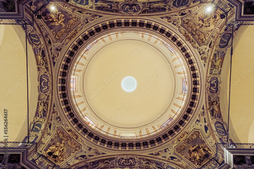 Ornate cathedral dome, up view, church interior, famous place, Nice, France.