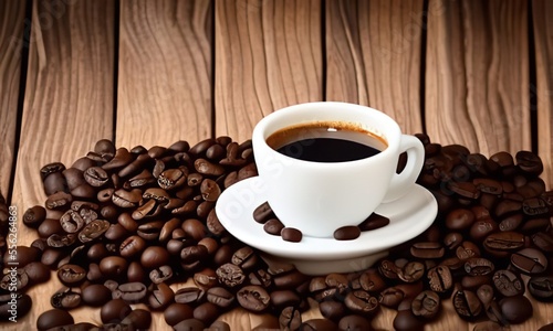 Hot coffee on a wooden background. A cup of hot coffee and coffee ingredients on a wooden background.