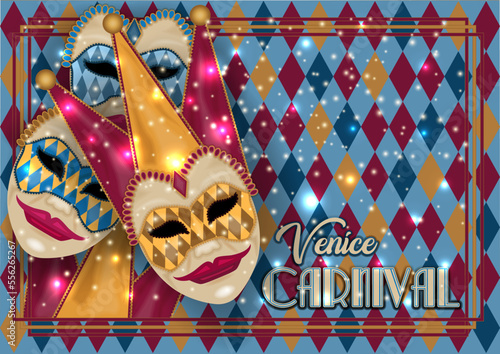 Traditional Venice mask Joker , invitation  card in art deco style , vector 