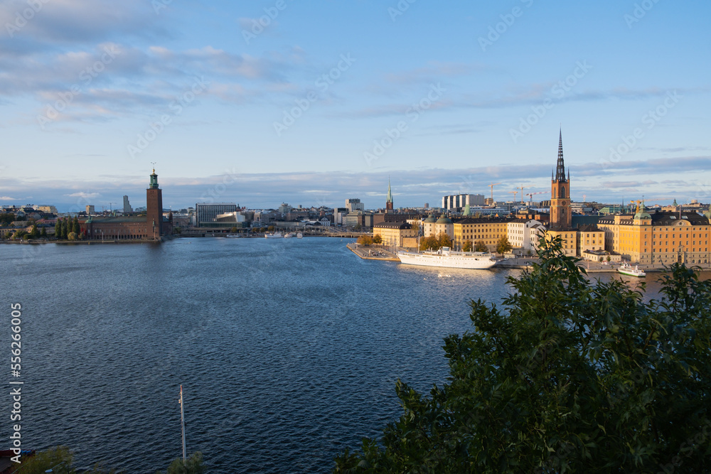 Another perspective of historic district, city hall and Riddarholmen Church in Stockholm, Sweden