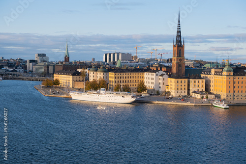 Boat stays at Lake Mälaren near Riddarholmen Church in Stockholm, Sweden