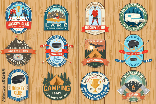 Camping and Ice Hockey club logo, badge embroidered patch. Concept for shirt or logo, print, stamp or tee. Winter sport. Vintage typography design with player, sticker, puck and skates silhouette